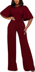 Womens Ruffle Short Sleeve Belted Wide Leg Jumpsuit - Elegant