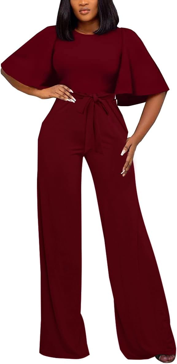 BessCops Womens Loose Short Sleeve Belted Wide Leg Jumpsuit