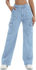 High Waist Women Cargo Jeans Straight Leg - Lightweight Stretch