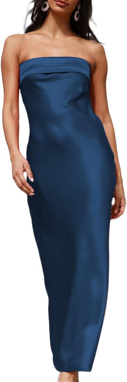 Realtix Satin Silk Backless Tube Tops Maxi Dress for Women