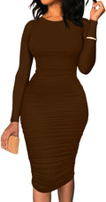 BEAGIMEG Women's Ruched Long Sleeve Bodycon Midi Dress - Stretchy