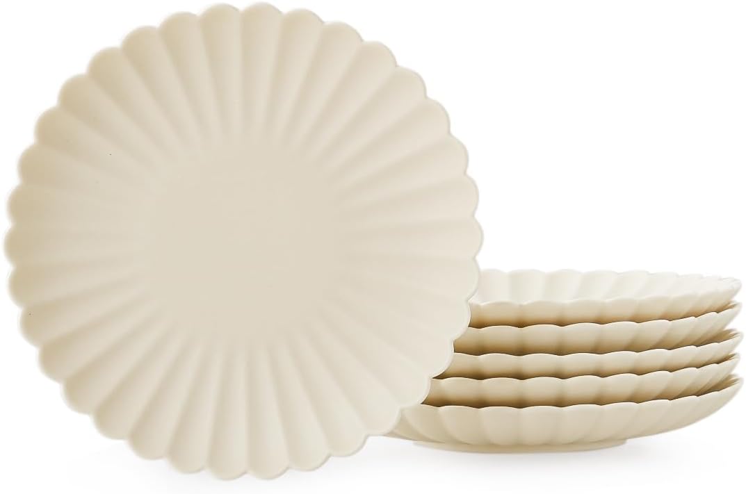WENSHUO Daisy Plates Set of 6, 9-inch Round Matte Creme