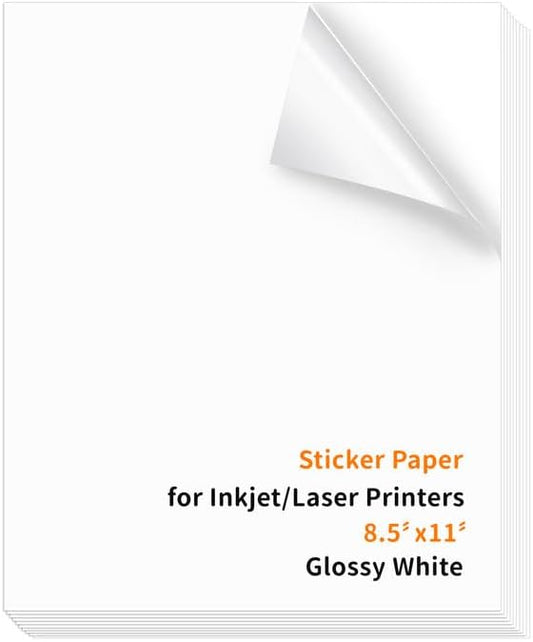 Fast-Drying Glossy White Sticker Paper 100 Sheets 8.5x11 for Inkjet/Laser, Self-Adhesive - InpourPack