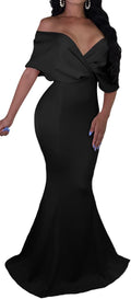 Women Sexy V Neck Off The Shoulder Fishtail Maxi Dress - Elegant Fit
