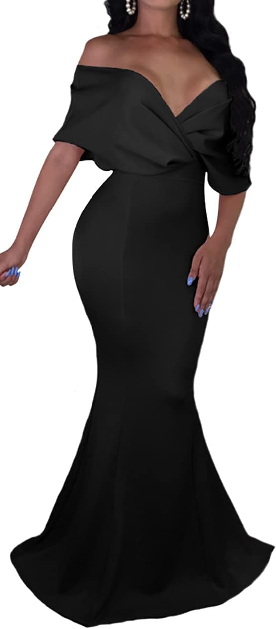 GOBLES Women Sexy V Neck Off The Shoulder Evening Gown Dress