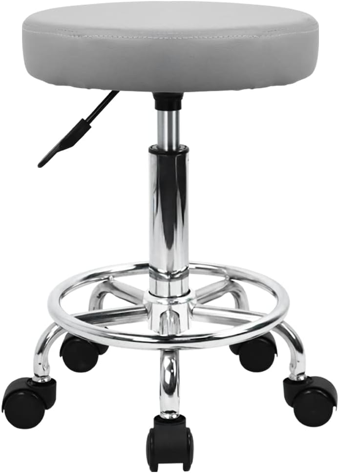 KKTONER PU Leather Round Rolling Stool with Foot Rest for Comfort