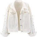 Cropped White Pearls Denim Jacket for Women - Rhinestone Detail