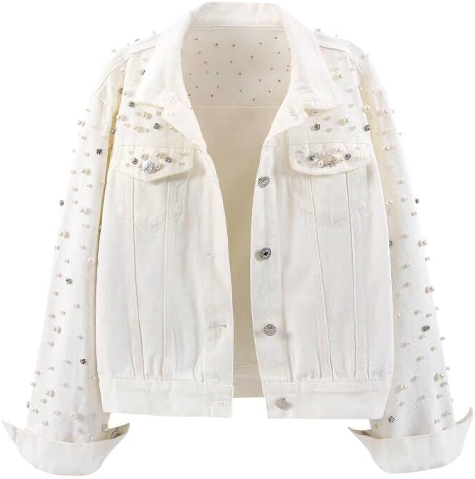 LifeShe Women's Pearls Denim Jacket with Rhinestones for Style