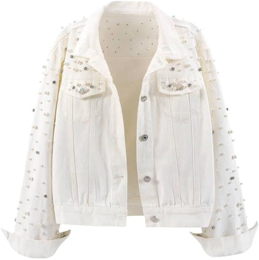 LifeShe Women's Pearls Denim Jacket with Rhinestones for Style
