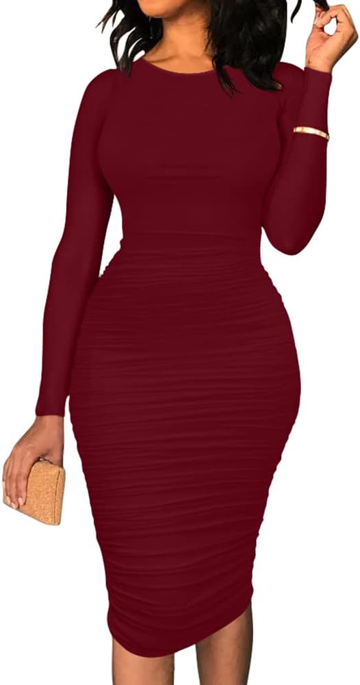 BEAGIMEG Women's Ruched Long Sleeve Bodycon Midi Dress Review