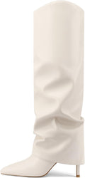 Fold Over Knee High Boots Pointed Toe Stiletto - Sleek Cream Style