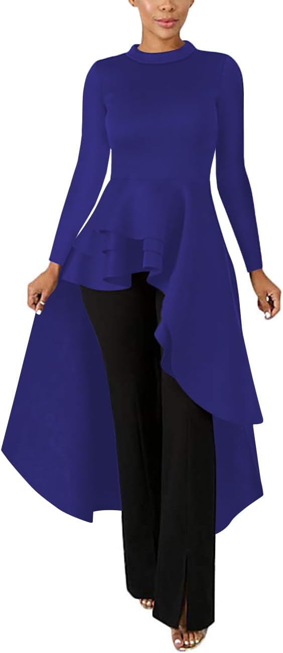Lrady Women Ruffle High Low Asymmetrical Long Sleeve Blouse