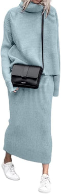 Turtleneck 2 Piece Ribbed Knit Sweater Midi Skirt Set