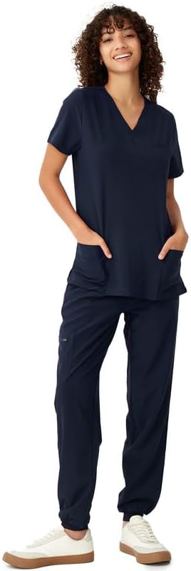 Women's V-Neck Scrubs Top & Cargo Pants Set with 10 Pockets