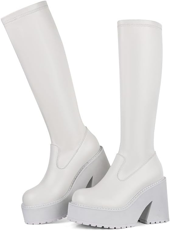 Womens Elastic Knee High Platform Chunky Block High Heel Boots