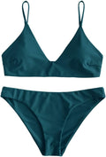 Women Solid Spaghetti Strap Bralette Bikini Set - Ribbed High Cut