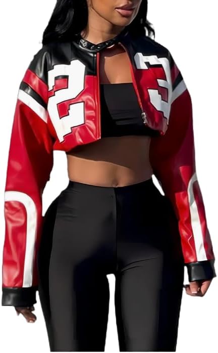Stylish Cropped Motorcycle Jacket for Women - Y2K Bomber Look