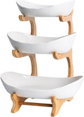 3 Tier Fruit Bowl With Bamboo Stand - Ceramic Serving Rack for Counter