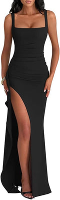 Women's Elegant Square Neck Sleeveless Bodycon High Split Ruched Long