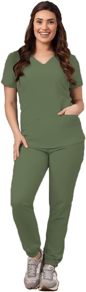 Green Town Scrubs for Women - Stylish Jogger Pant and V-Neck Top