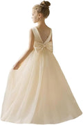 Flower Girl Dress Kids Satin Tulle Open Back Maxi - Ruffle Sleeve Gown