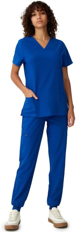 Women's V-Neck Scrubs Top & Cargo Pants Set with 10 Pockets