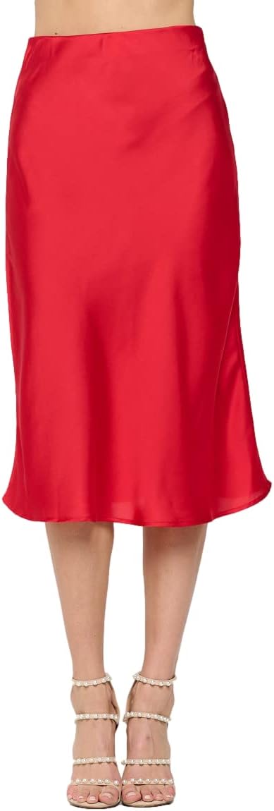 Women Solid High Waist Satin Midi Skirt for Elegant Style