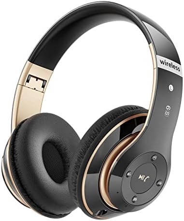 Wireless Over Ear Headphones with 6 EQ Modes - 40H Playtime - HiFi Stereo - Mic - Black & Gold