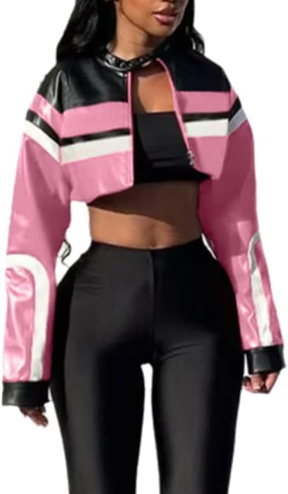 Stylish Cropped Motorcycle Jacket for Women - Y2K Bomber Style