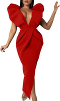Memoriesea Women's Sexy Deep V Neck Puff Sleeve Gown Dress