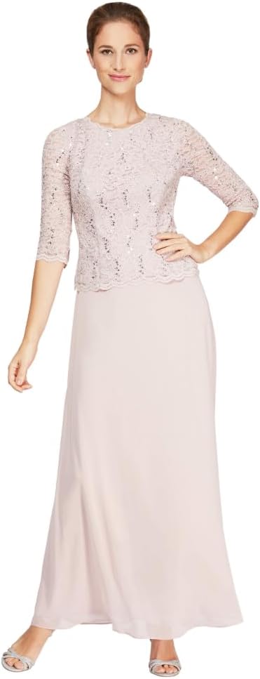 Elegant 3/4 Sleeve Stretch Lace Bodice Mock One Piece Gown