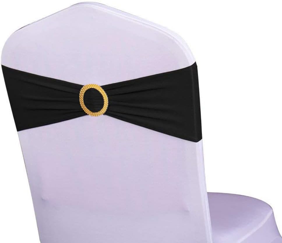 Pack of 100 Spandex Black Chair Sashes with Gold Buckles for Events