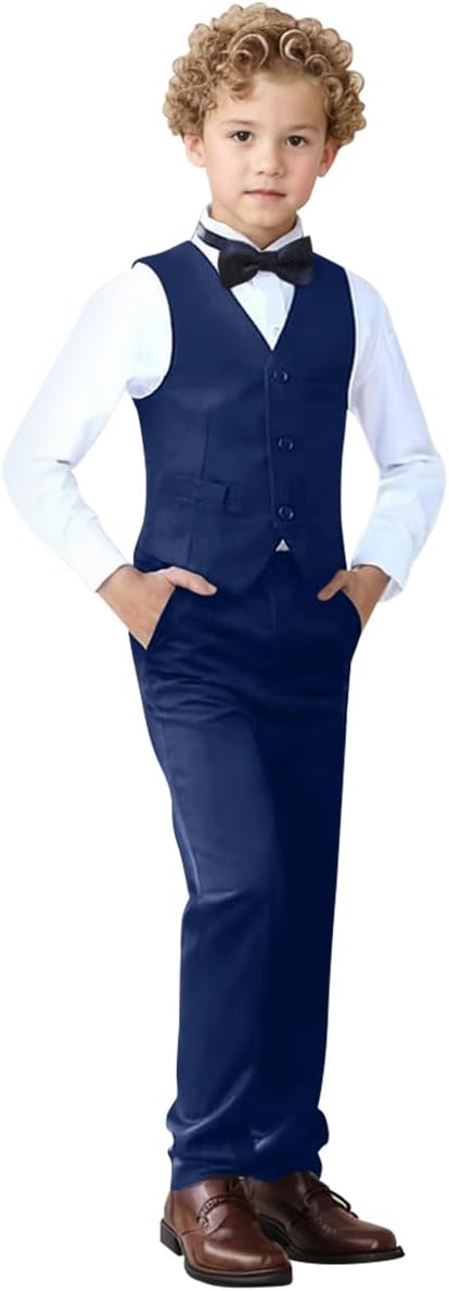 Boys Suit Set Formal Dress Shirt with Bowtie and Vest Pants