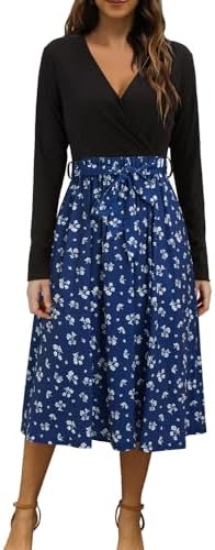 OUGES Womens' Fall Dress 2023 Long Sleeve V Neck Ribbed Midi