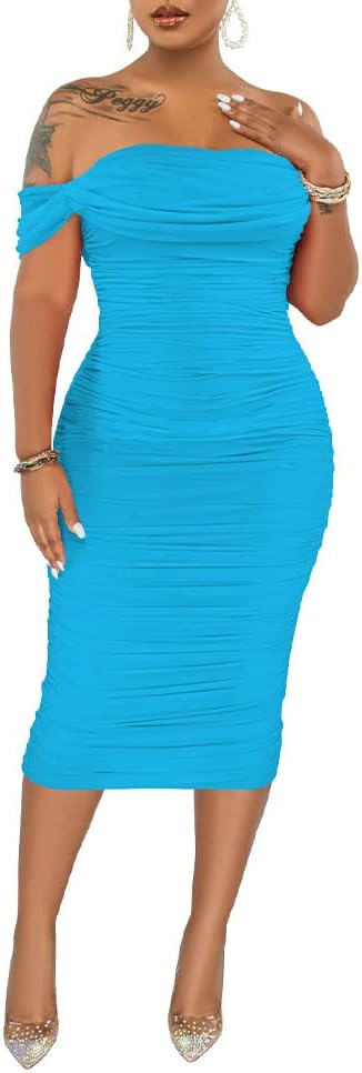 Elegant Off Shoulder Ruched Midi Dress for Women by PINSV