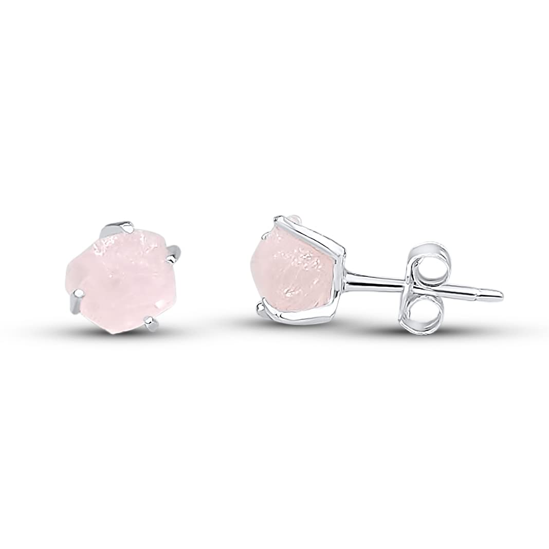 Raw Rose Quartz Stone Stud Earrings in 925 Sterling Silver