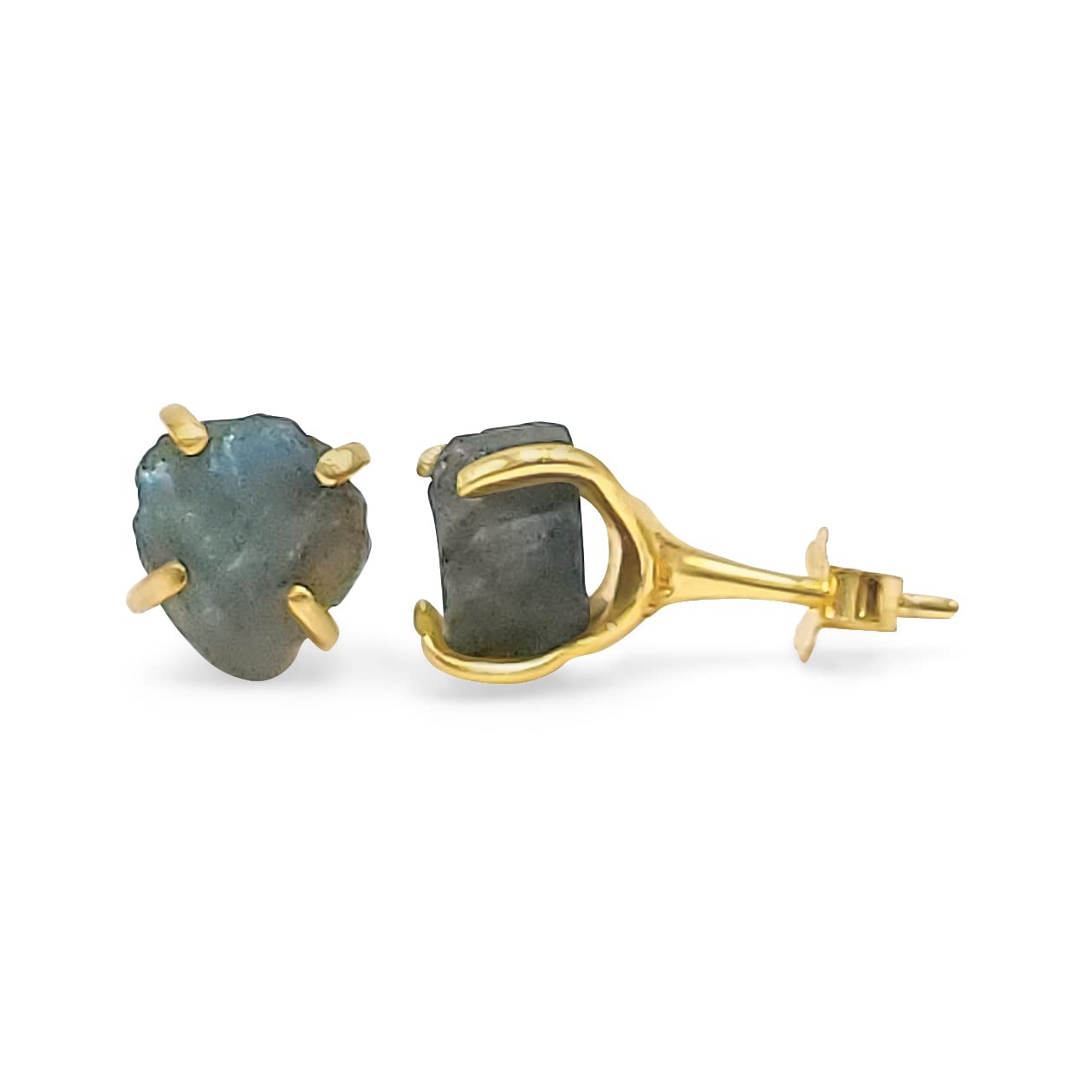 Natural Raw Labradorite Stud Earrings in Yellow Gold over Silver