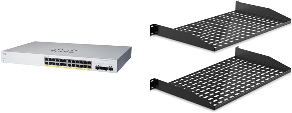 CISCO CBS220-24P-4G Smart Switch Bundle with Pyle Rack Shelves