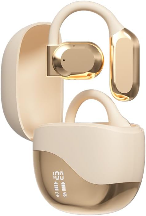 Champagne Wireless Earbuds: IPX7 Waterproof, Dual Power Display, Stereo Bass