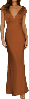 Womens Satin V Neck Cap Sleeve Backless Midi Dress - Elegant Cut-Out