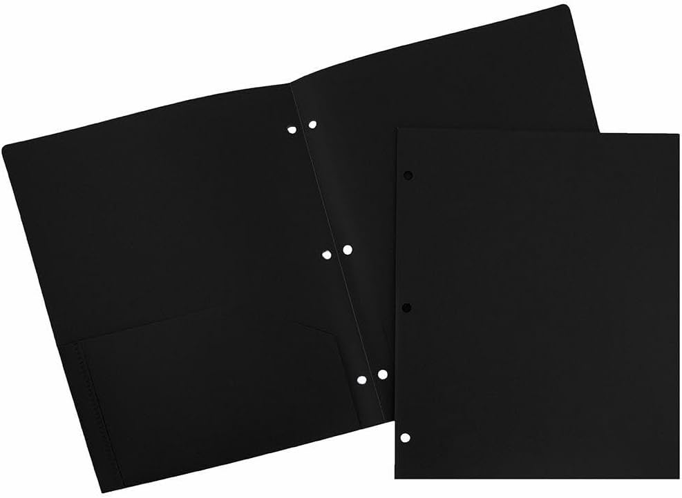 Heavy Duty Plastic 3 Hole Punch Pocket Folders - Black 48 Pack