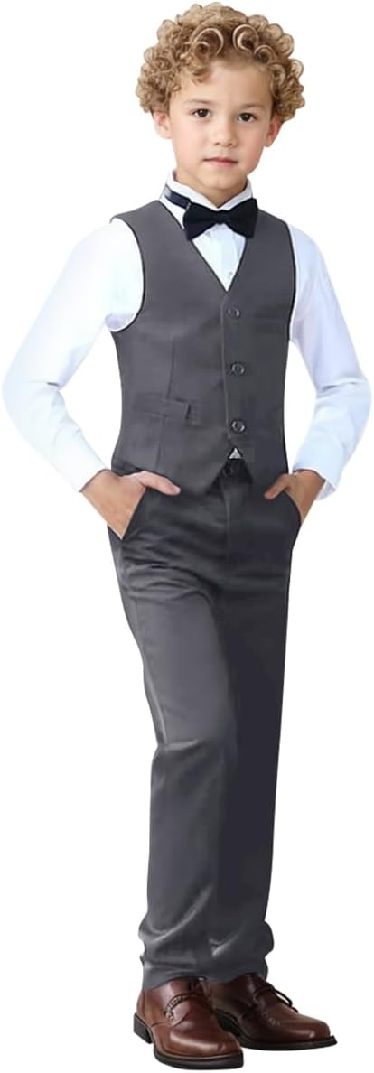Boys Suit Set Formal Dress Shirt with Bowtie and Vest Pants