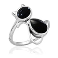 Sterling Silver 925 Natural Black Onyx Pear Cat Ring - Statement Piece
