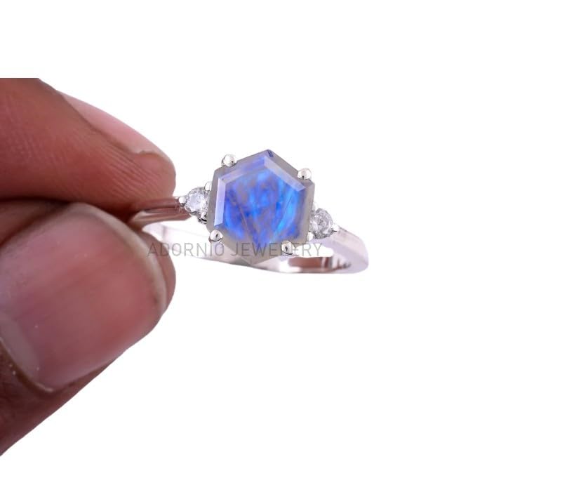 Solid 925 Sterling Silver Ring with Natural Rainbow Moonstone