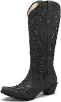 Black Cowgirl Boots Knee High Chunky Heel Pointed Toe - Stylish