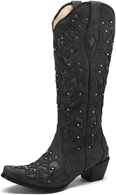 Stylish Black Cowgirl Boots for Women with Chunky Heel Design