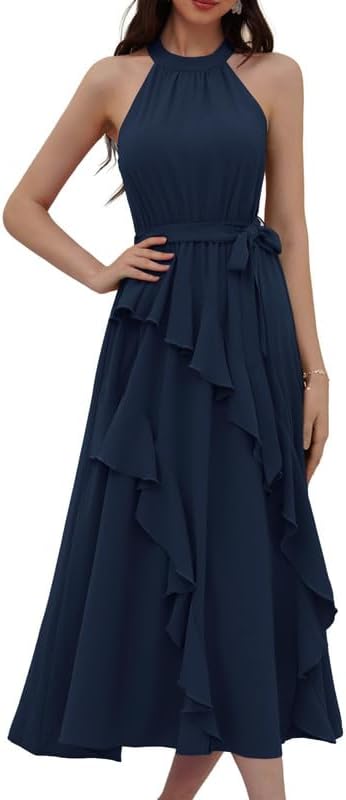 Halter Neck Ruffle Hem Midi Dress for Women - Summer Style