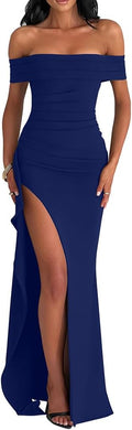 Women's Elegant Bodycon Off Shoulder High Split Evening Dress - Sleek