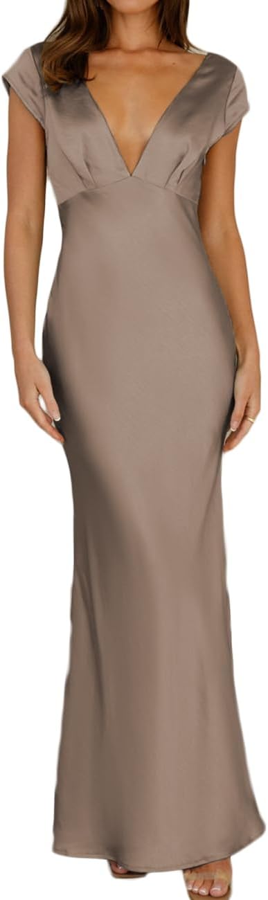 Halfisland Womens Summer Satin V Neck Cap Sleeve Maxi Dress