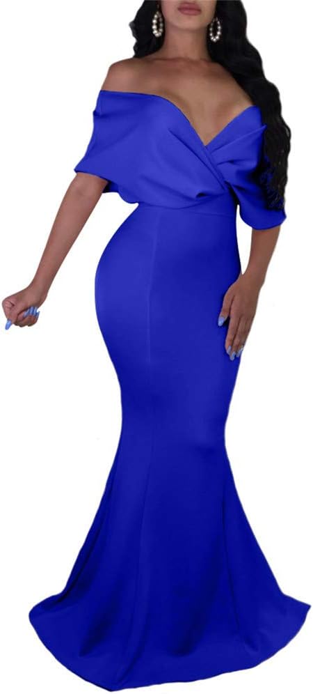 GOBLES Women Sexy V Neck Off The Shoulder Fishtail Maxi Dress